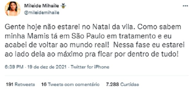 Mileide Mihaile explica ausência no Natal da Vila (Foto: Reprodução/Twitter)