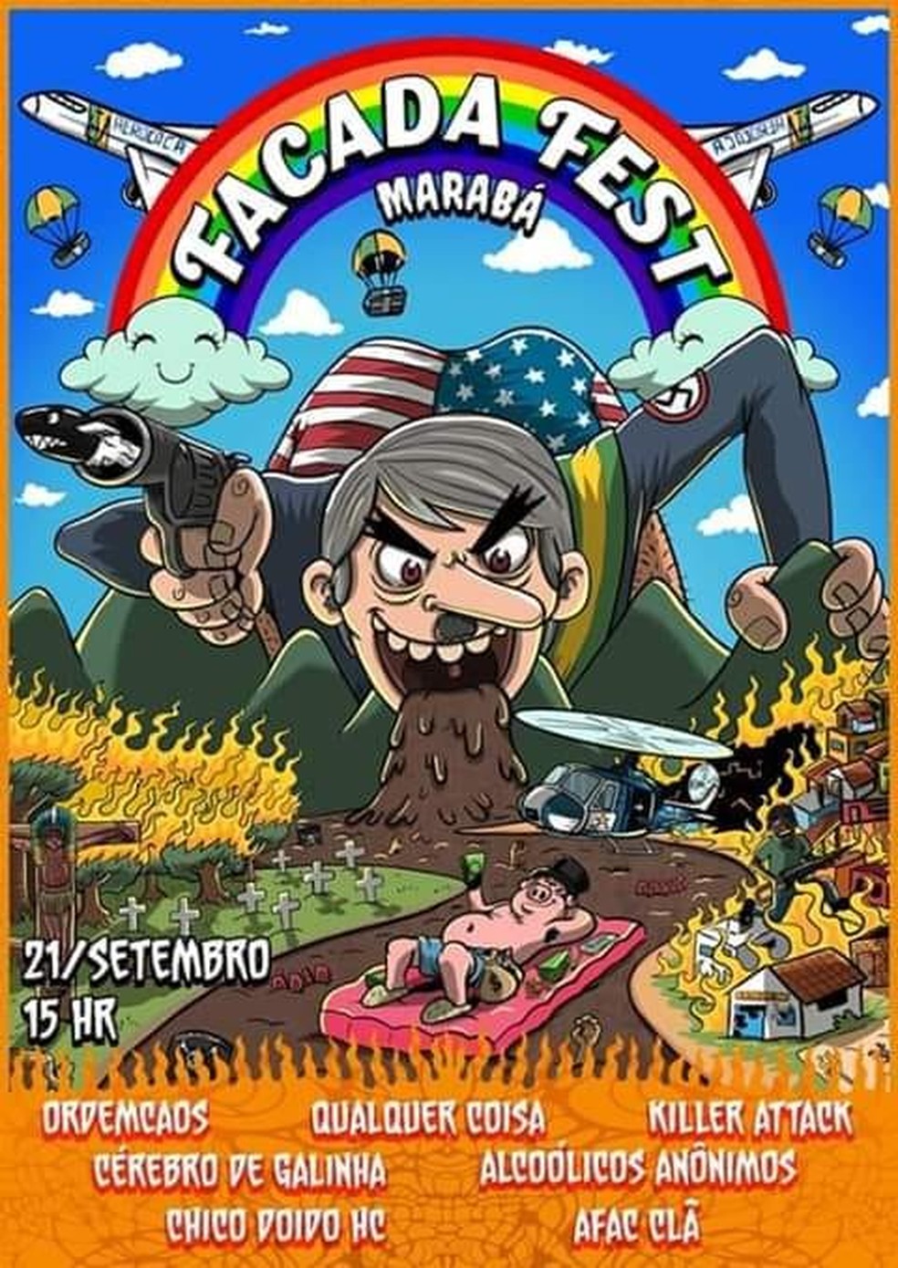 No cartaz do festival em Marabá, o personagem central aparece vomitando fezes sobre uma floresta, com bigode semelhante ao do ditador Hitler — Foto: Divulgação