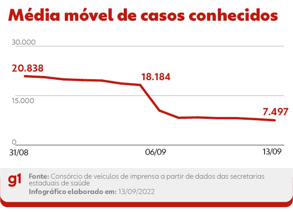 Média móvel de casos nos últimos 14 dias no Brasil — Foto: Editoria de Arte/g1