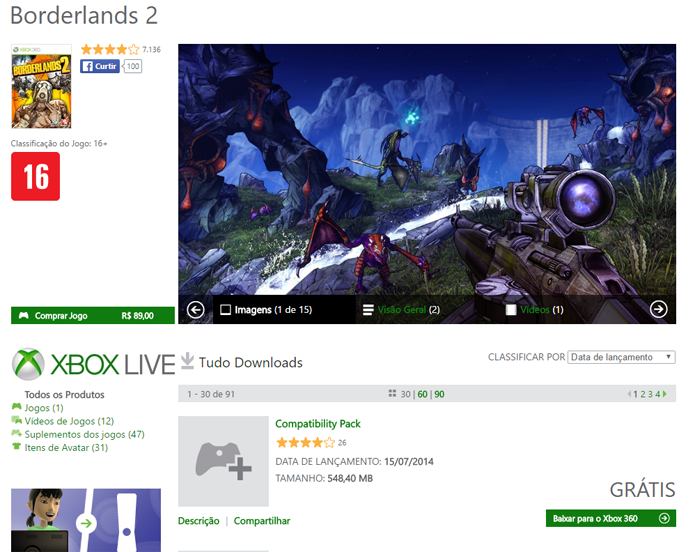 Página de Borderlands 2 na Xbox LIVE Marketplace (Foto: Reprodução/André Mello)
