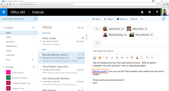 Ferramenta de menções permite marcar contatos em e-mails (Foto: Divulgação/Microsoft)