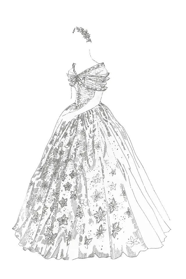 Uma ilustração de um dos vestidos de dama de honra para o casamento, que foi combinado com uma coroa de flores de lírios e trigo, impresso na edição de dezembro de 1947 da Vogue britânica. (Foto: Reprodução)