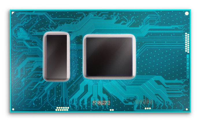 Na foto, um processador para notebooks de sétima geração: o retângulo à esquerda é o chipset, o outro é o processador/GPU em si (Foto: Divulgação/Intel)
