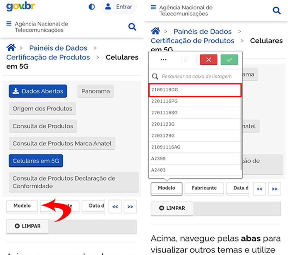 Site da Anatel apresenta tabela com aparelhos celulares compatíveis com rede 5G — Foto: Reprodução/Flávia Fernandes