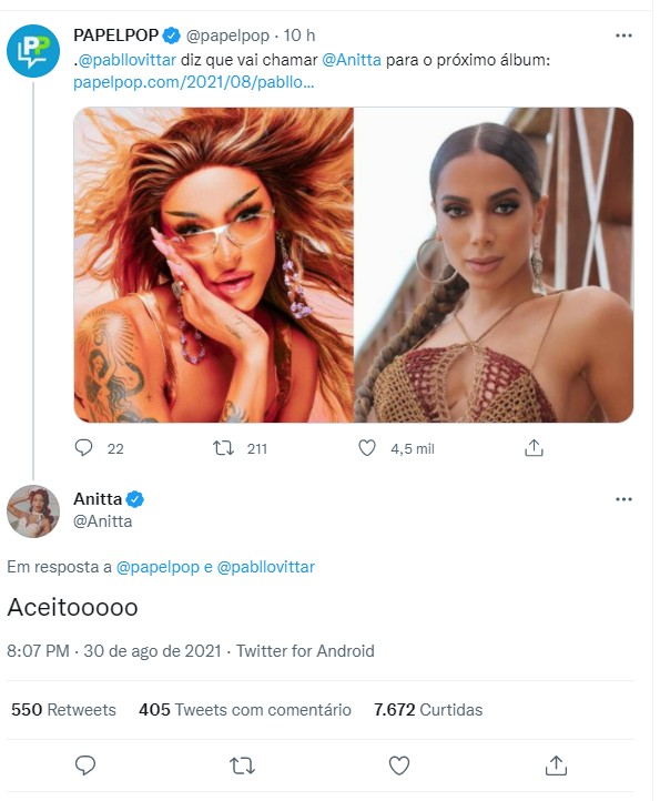 Anitta diz que aceita convite de Pabllo (Foto: Twitter/Reprodução)