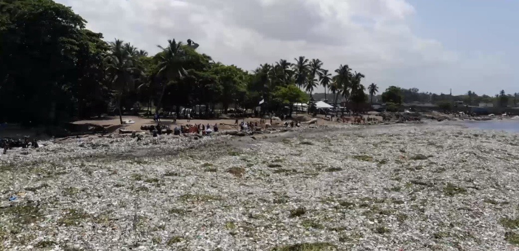 Mais de 30 toneladas de plástico foram parar na areia de praia na República Dominicana (Foto: BBC News Brasil)