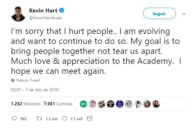 Kevin Hart alega que desistiu de apresentar Oscar 2019 após posts homofóbicos (Foto: Reprodução/Twitter)
