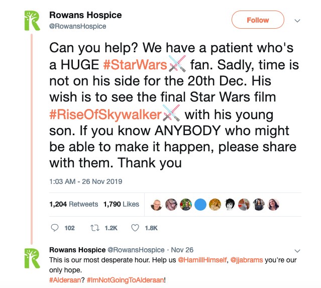 A mensagem do hospital pedindo a exibição prévia do novo Star Wars (Foto: Twitter)
