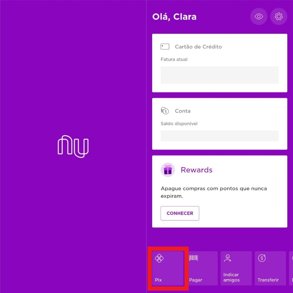 Abra o app e toque sobre a aba "Pix" para fazer uma transferência — Foto: Reprodução/Clara Fabro