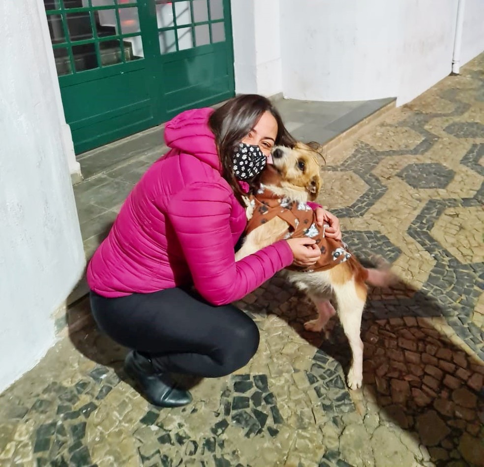 Voluntária recebe abraça de cão ao doar roupinha — Foto: Arquivo Pessoal