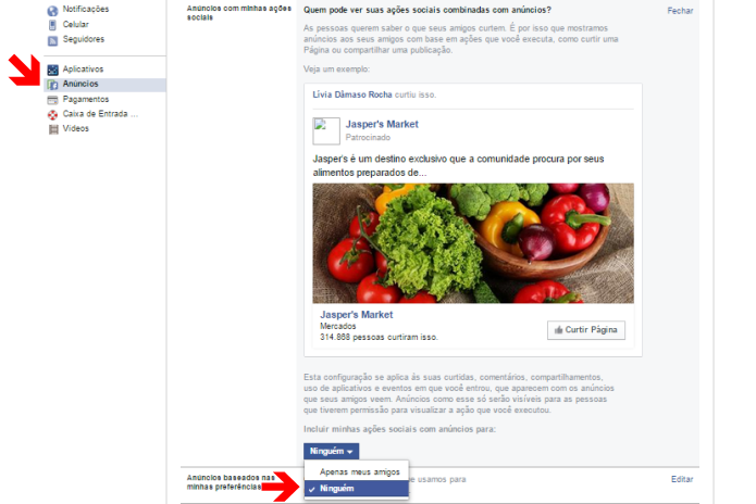 Editando a privacidade de ações combinadas com anúncios no Facebook (Foto: Reprodução/Lívia Dâmaso)