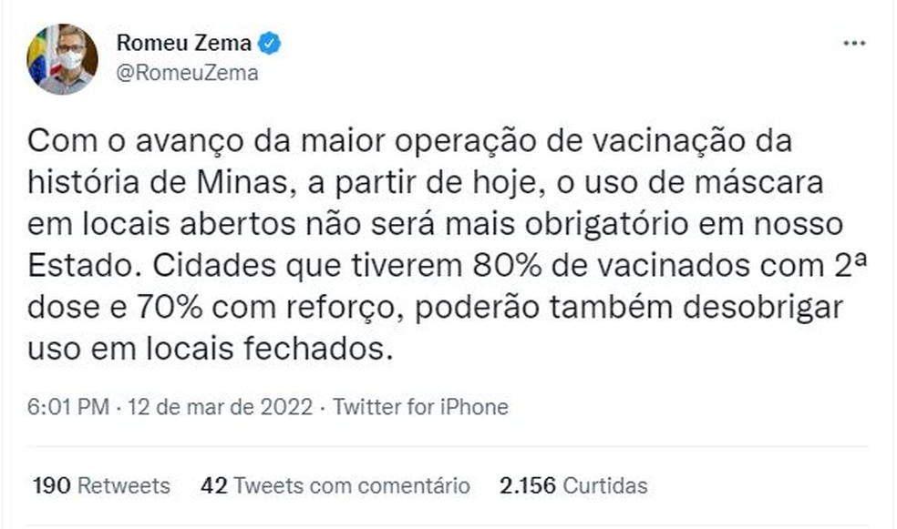 Tuíte do governador Romeu Zema — Foto: Reprodução/Twitter