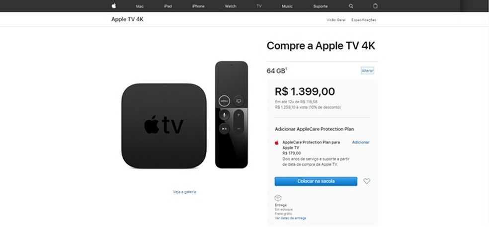 Apple TV 4K  oferecida no site da Apple por R$1.399 no modelo de 64 GB — Foto: Reprodução/ Apple