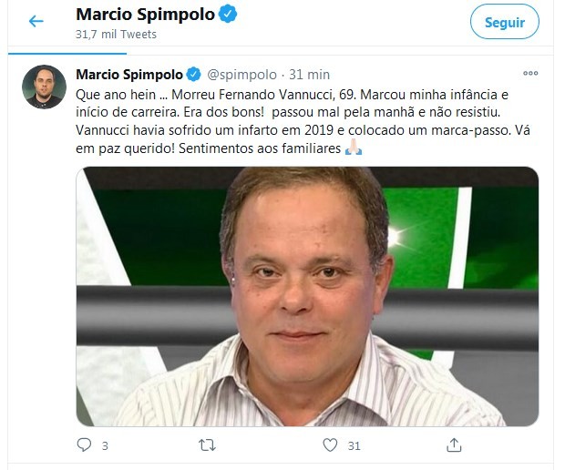 Marcio Spimpolo lamenta morte de Fernando Vannucci (Foto: Reprodução/Twitter)