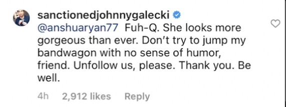 Johnny Galecki respondeu a seguidor no Instagram (Foto: Reprodução / Instagram)