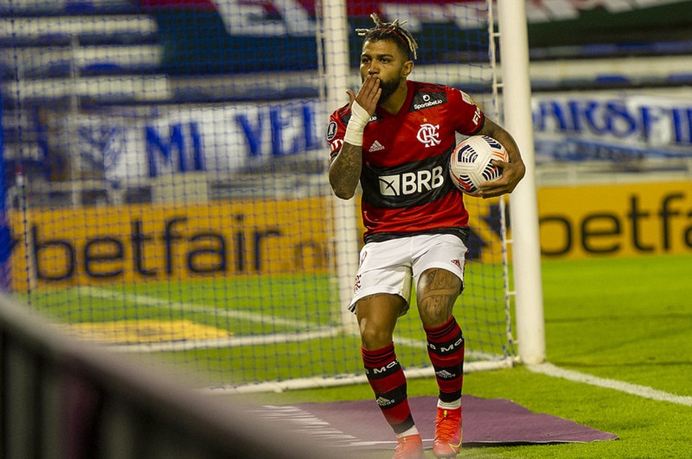 Gabi comemorando gol contra o Vélez pela Libertadores 2021 — Foto: Foto: Marcelo Cortes / Flamengo