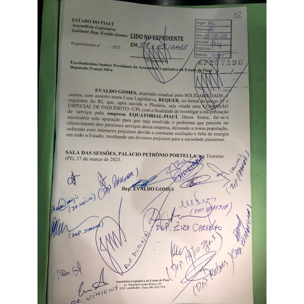 Assembleia Legislativa do Piauí aprova instalação de CPI para investigar concessionária de energia elétrica do estado — Foto: Divulgação