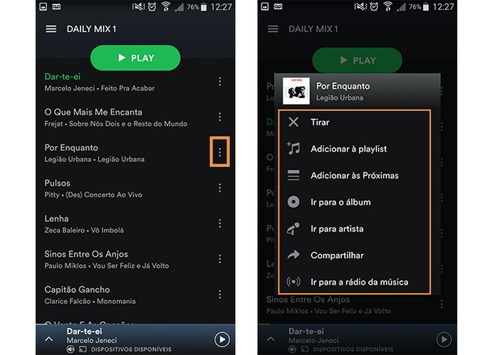 Gerencie as opções em cada faixa da playlist do Daily Mix do Spotify (Foto: Reprodução/Barbara Mannara)