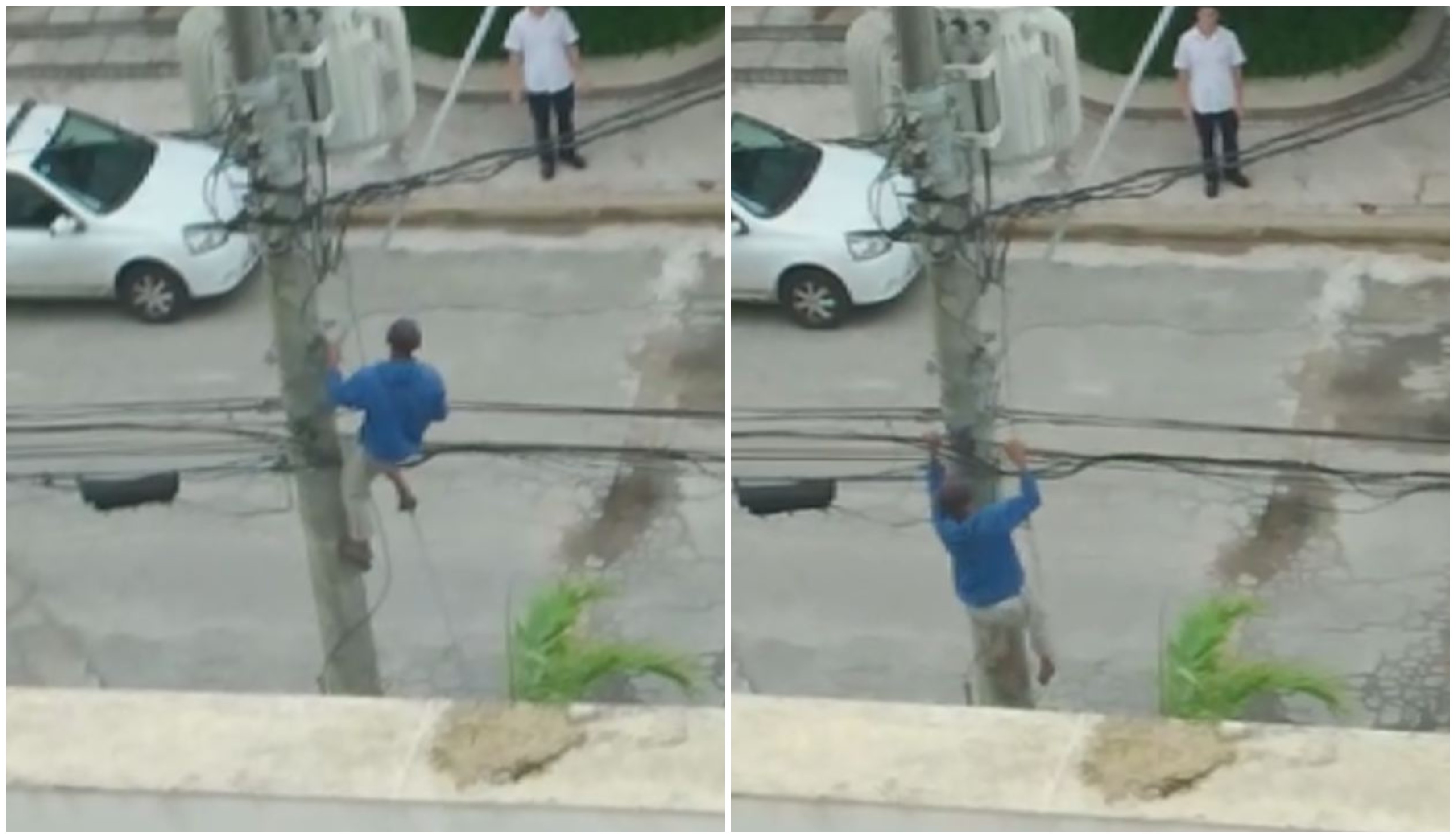 Homem arrisca a vida ao escalar poste, tenta fugir e é detido por populares no litoral de SP; VÍDEO