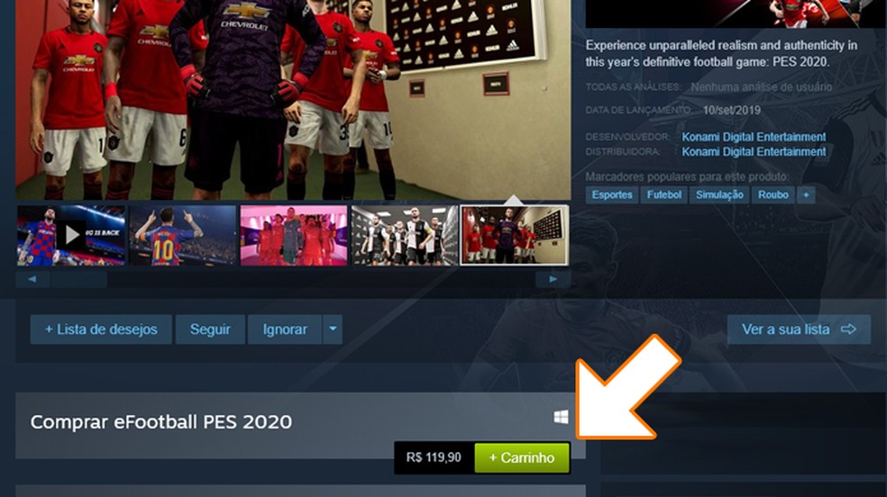 Logo abaixo das imagens clique em "+ Carrinho" na loja digital Steam para comprar PES 2020 — Foto: Reprodução/Rafael Monteiro