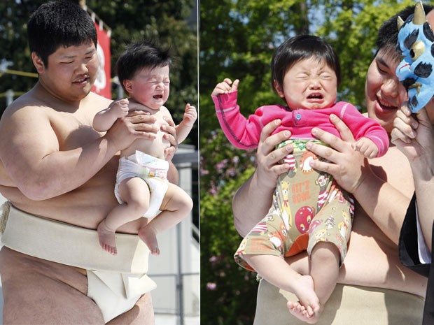 Em 2010, cerca de 80 bebês foram reunidos no templo Sensoji, em Tóquio, no domingo (25), com um único intuito: chorar aos berros. O evento, realizado anualmente, é considerado uma tradição em Tóquio. Segundo a crença local, ao chorar, o bebê está atraindo (Foto: AP)