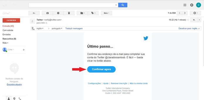 Para confirmar o e-mail, é necessário clicar no link enviado pelo Twitter (Foto: Reprodução/Clara Barreto) Para confirmar o e-mail, é necessário clicar no link enviado pelo Twitter (Foto: Reprodução/Clara Barreto)