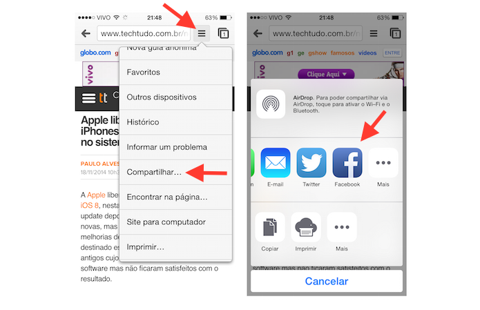 Acessando a ferramenta de compartilhamento do Google Chrome para iOS (Foto: Reprodução/Marvin Costa)