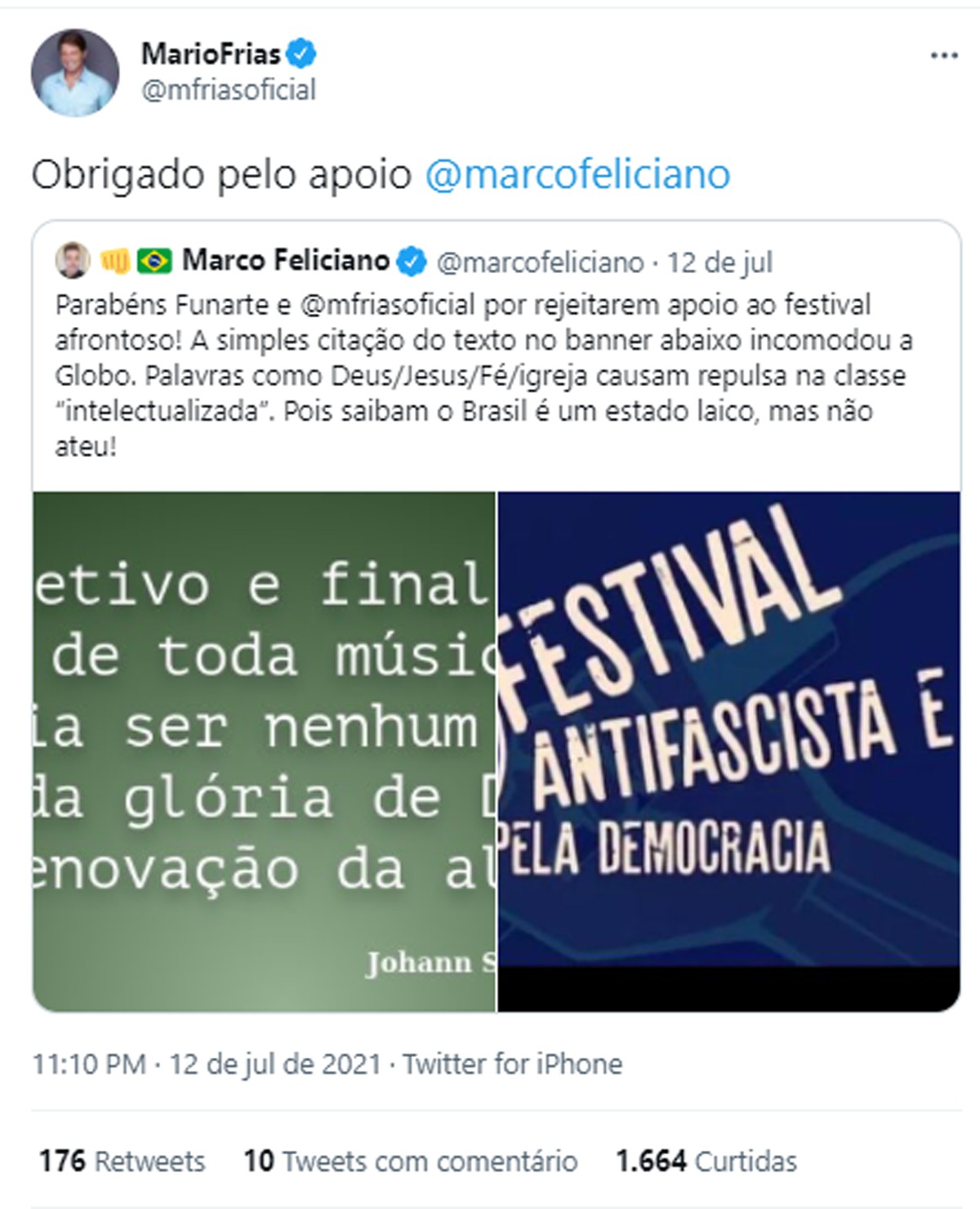 O Secretário Especial de Cultura Mario Frias se manifesta sobre reprovação do Festival de Jazz do Capão (Foto: Reprodução/Twitter)