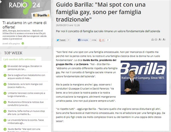 Em entrevista à rádio italiana, presidente da Barilla diz que não faria anúncio com casal gay. (Foto: Reprodução/radio 24)