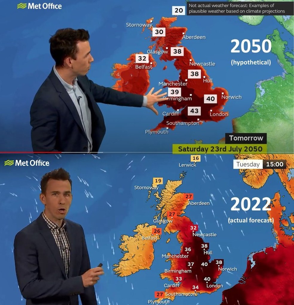 As máximas na próxima semana no Reino Unido podem atingir 40°C — Foto: Reprodução/Met Office