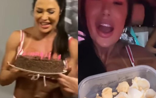 Gracyanne Barbosa ganha bolo de aniversário, mas não come: "Estou com meus ovinhos"