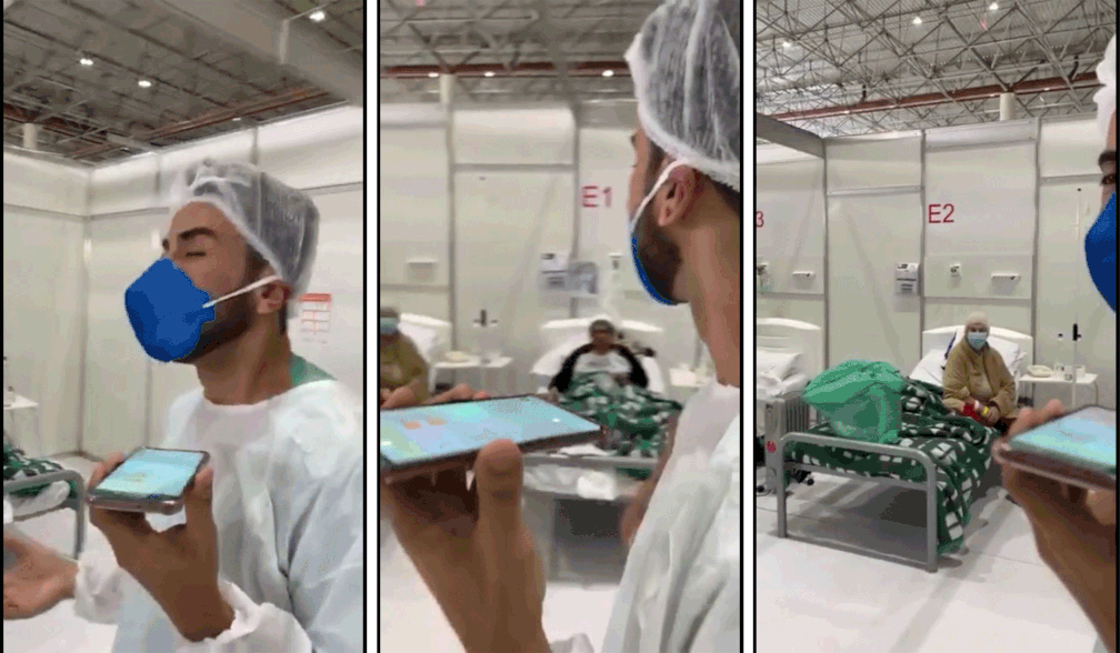 Amigos passaram a compartilhar vídeo do ator Luiz Carlos Araújo cantando para pacientes com Covid no Hospital de Campanha do Anhembi, em São Paulo, no ano passado. Ele foi encontrado morto em setembro de 2021 no apartamento onde morava na capital paulista — Foto: Reprodução/Redes sociais