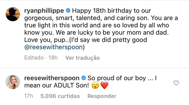 Reese Witherspoon comenta em post de Ryan Phillippe (Foto: Reprodução / Instagram)
