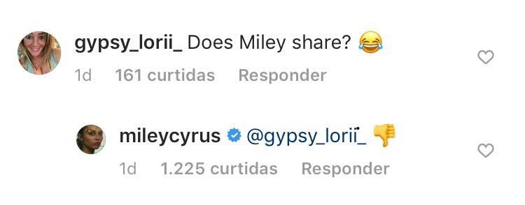 A resposta de Miley Cyrus a uma fã que perguntou se ela estaria disposta a compartilhar o namorado Cody Simpson (Foto: Instagram)