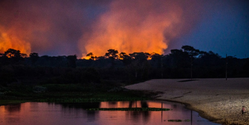Queimadas no Pantanal às margens do Rio Paraguai em Cáceres (MT) — Foto: João Paulo Guimarães