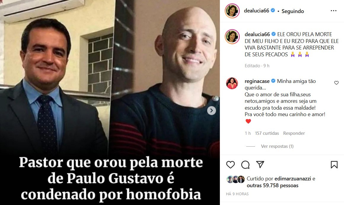 Déa Lúcia comenta sobre condenação de pastor que orou para Paulo Gustavo morrer (Foto: Reprodução/Instagram)
