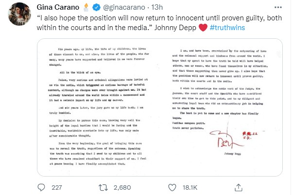 O tweet de Gina Carano (Foto: Reprodução / Twitter)