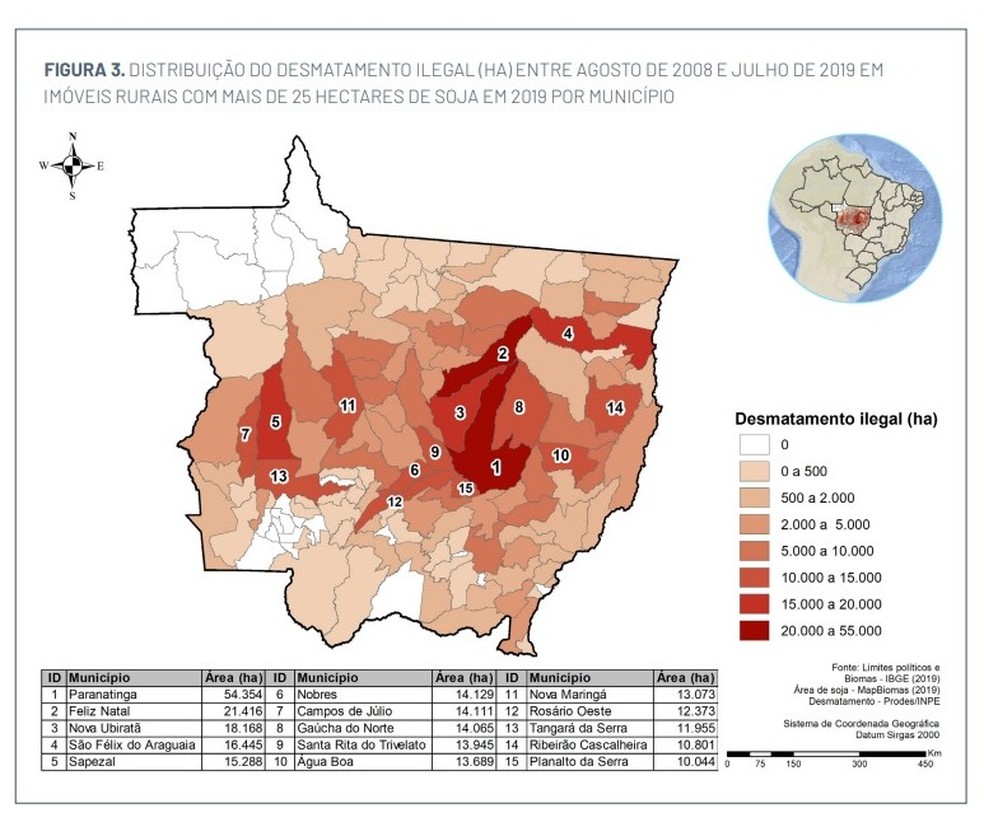 Distribuição do desmatamento ilegal (ha) entre agosto de 2008 e julho de 2019 em imóveis rurais com mais de 25 hectares de soja em 2019 por município — Foto: ICV
