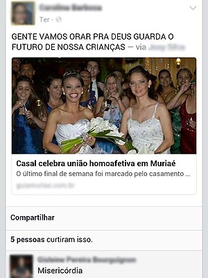Comentários em rede social sobre casamento gay em Miraí (Foto: Reprodução/TV Integração)