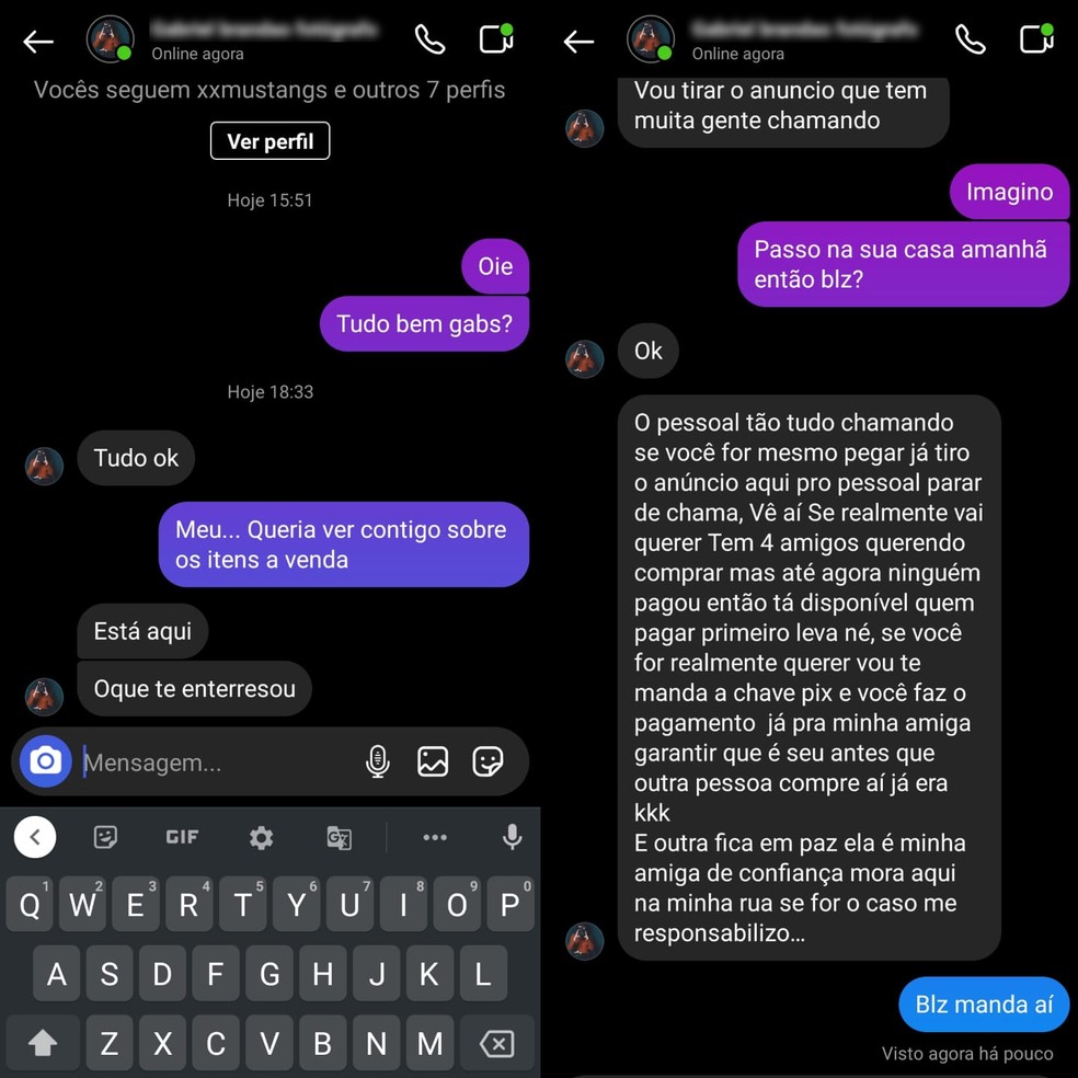 Conversa com golpista por meio de mensagem direta no Instagram — Foto: Reprodução/Guilherme Teixeira