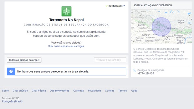 Ferramenta do Facebook notifica pessoas na região do terremoto do Nepal e as ajuda a informar seus amigos sobre sua segurança (Foto: Reprodução/Facebook)