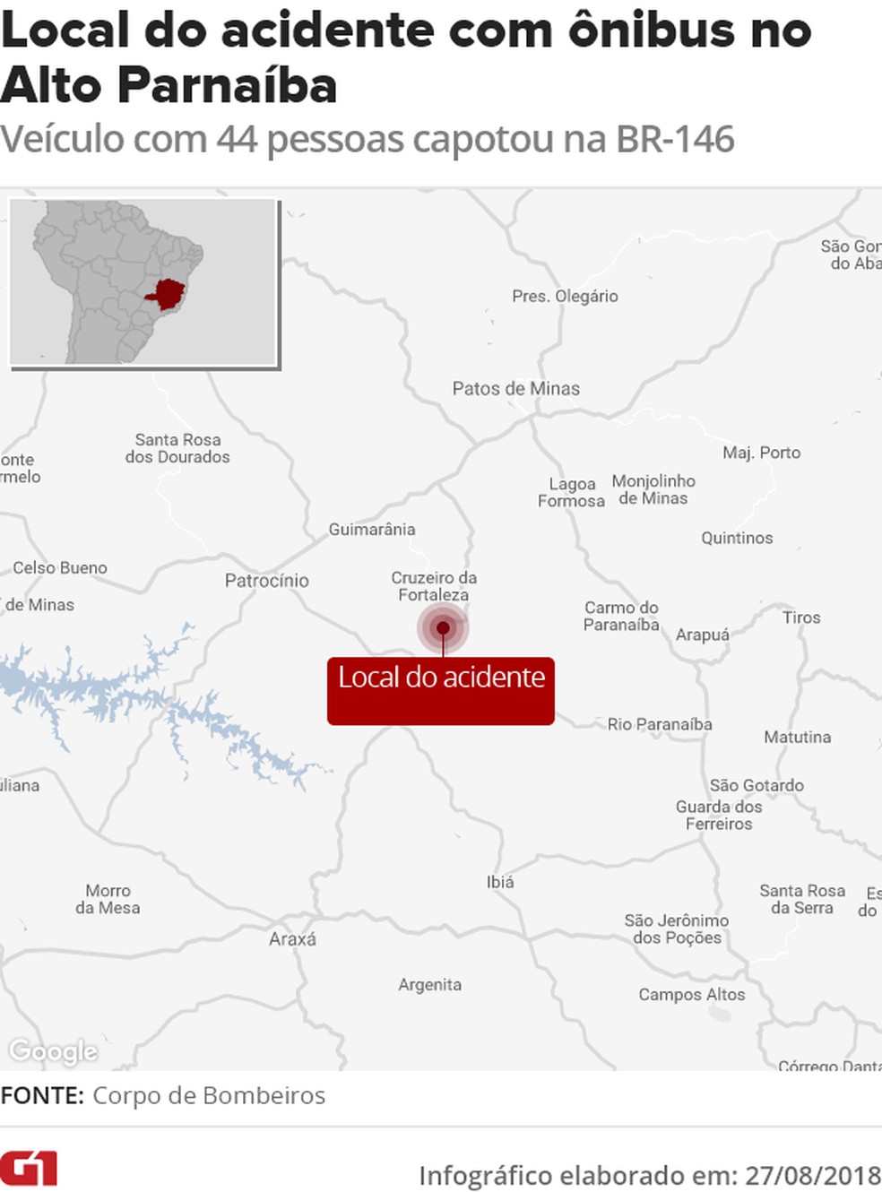 Mapa acidente BR-146 Cruzeiro da Fortaleza e Serra do Salitre (Foto: G1/G1)