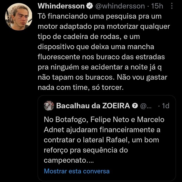 Whindersson se nega a ajudar Vasco financeiramente (Foto: Reprodução/Twitter)