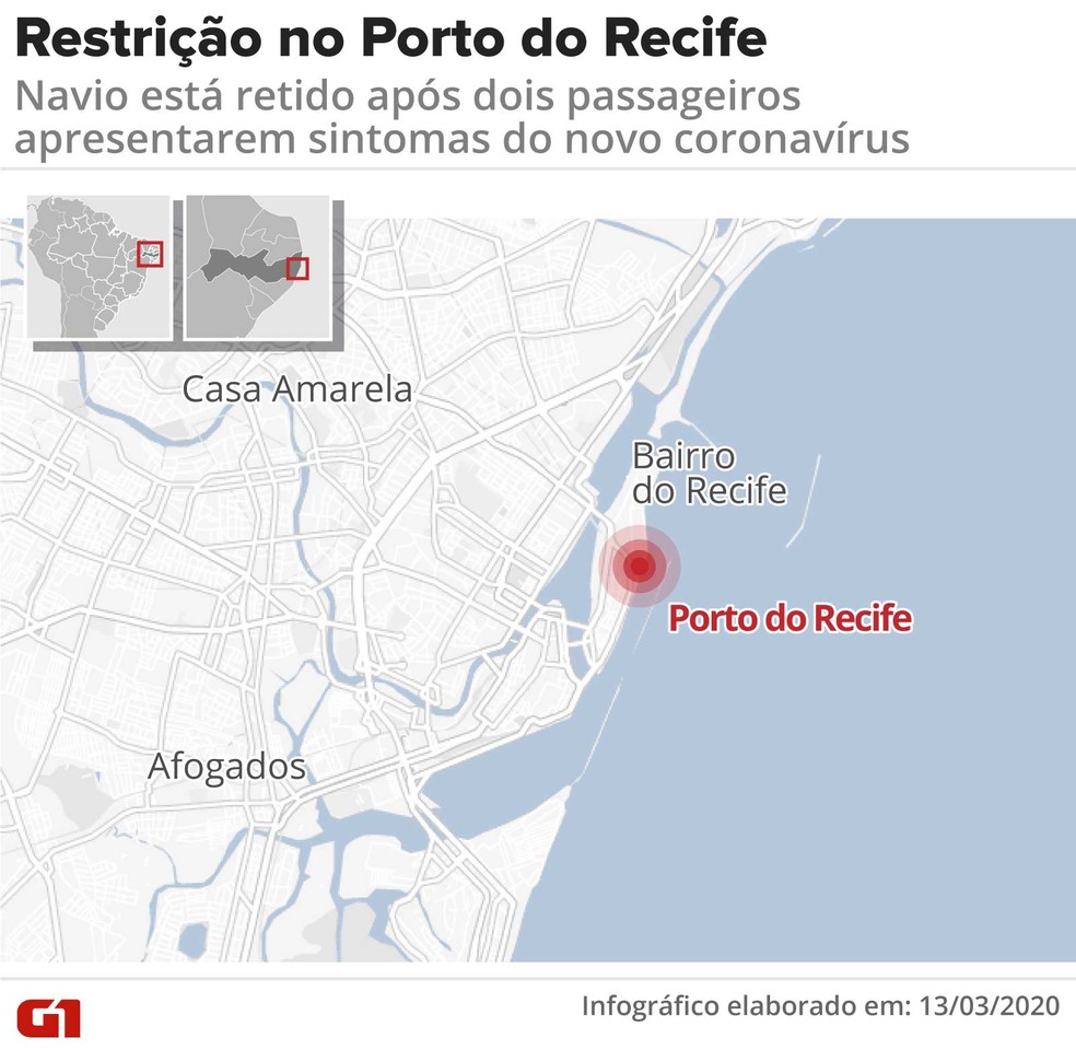 Navio foi retido no Recife após passageiros apresentarem sintomas de infecção pelo coronavírus — Foto: Arte/G1