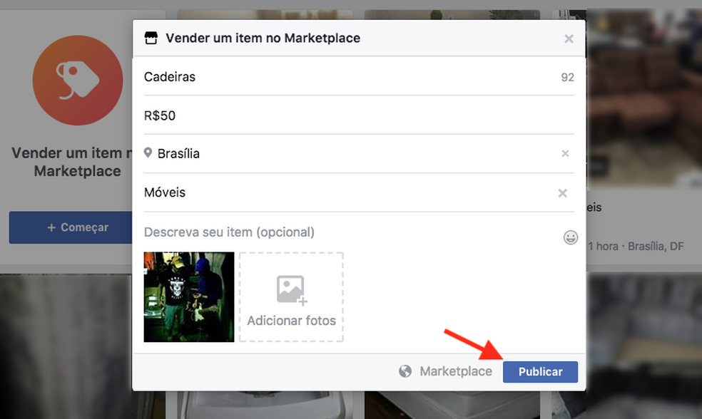 Opção para publicar um anúncio no Facebook Marketplace (Foto: Reprodução/Marvin Costa)