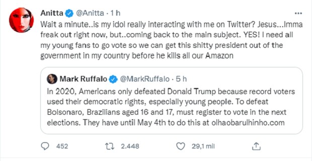 Anitta comemora interação de Mark Ruffalo (Foto: Reprodução/Instagram)