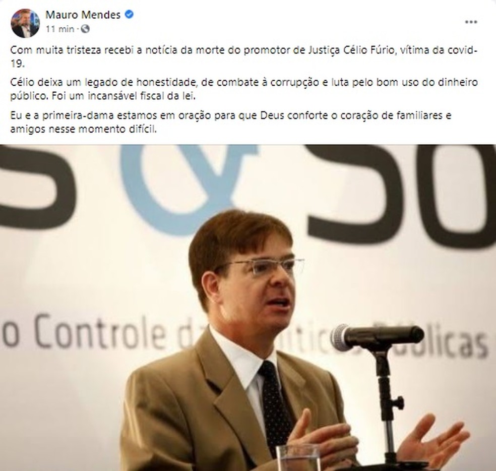 Governador postou mensagem lamentando a morte de promotor — Foto: Facebook/Reprodução