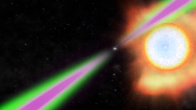 Ilustração mostra estrela de nêutrons girando periodicamente e balançando seus feixes de rádio (verde) e raios gama (magenta) ao passar pela Terra  (Foto: Goddard Space Flight Center da Nasa)