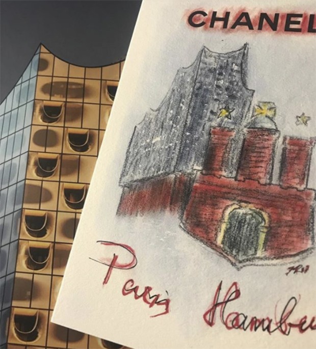 An invitation drawn in Karl Lagerfeld’s hand of the new elbphilharmonie opera house in Hamburg where Karl will show his latest Chanel collection Wednesday. (Foto: @suzymenkesvogue)