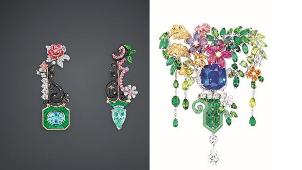 Flowerbeds, groves and thickets are detailed by Victoire de Castellane for Dior At Versailles, In The Gardens. Left: Paraiba Tourmaline Queen's Grove earrings in white, yellow and pink gold, diamonds, Paraiba tourmalines, emeralds, pink sapphires and lacquer; Right: L’Enselade Bodice Jewel. Yellow, white and pink gold with an array of stones including pink and yellow sapphires, diamonds, emeralds, chrysoprases, garnets, peridots, and tourmalines. (Foto: DIOR JOAILLERIE)